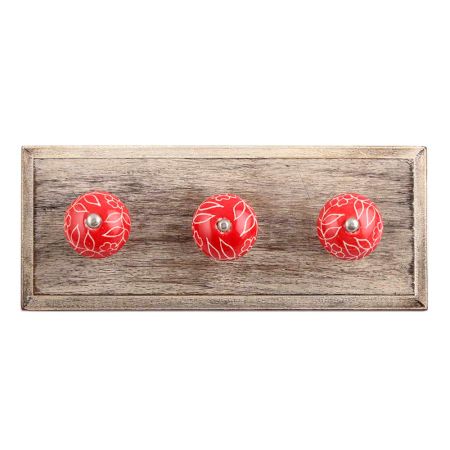 Red Leaf Floral Ceramic Wooden Hooks